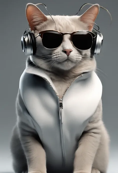 Perfect centralization, Um gatinho bonito por toda parte, Use uma jaqueta de estudante, wearing sunglasses, Usando fones de ouvido, Standing position, beleza abstrata, Centrado, looking at the camera, Facing the camera, nearing perfection, Dynamic, luar, a...