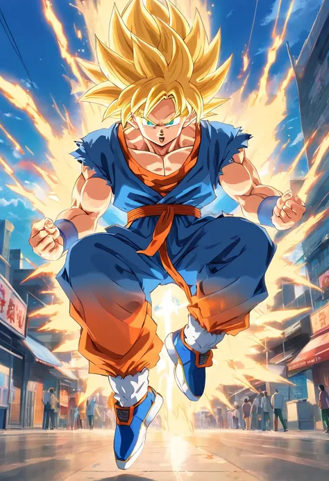 Super Saiyajin Goku, al aire libre, leyendo el periodco