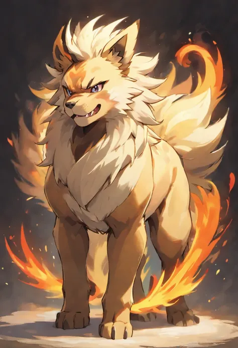 (best quality,highres),Beautiful art of a (extremely detailed) Arcanine, vibrant colors, dynamic pose, fiery atmosphere, realistic fur texture, piercing eyes, intense expression, majestic aura, stunning lighting and shadows, intricate details on fur and mu...