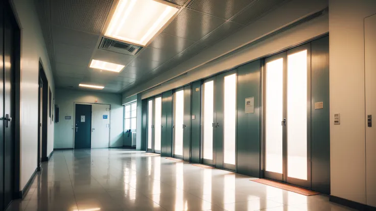 Extremamente detalhado, melhor qualidade, Indoor area of a hospital, corredor de um hospital, sombrio, medico entrando em uma sala ao longe, 8k, realista