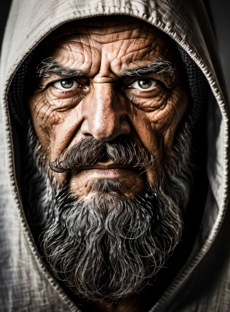 An epic close up portrait of elderly intense sinister eyes, and nose with long white beard, framed with a faded ancient tattered white linen hood, reflecting gold sparks in the irises of the eyes, white eyebrows, at night, dramatic lighting, high contrast,...