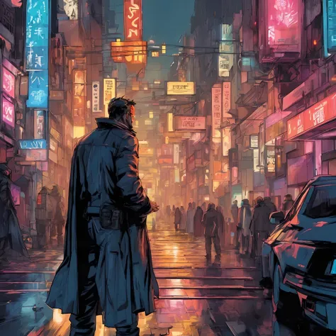 a man in a trench coat standing on a city street, cyberpunk comic cover art, cyberpunk blade runner art, cyberpunk street, china town blade runner, beaten city. neo noir style, cyberpunk themed art, cyberpunk city street, cyberpunk in a cyberpunk city, in ...