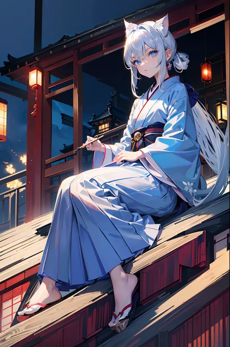 silber hair　blue eyess　Hakama　（male people）　ember　Chemomimi　Cats ears　Japanese houses　folding fan　​masterpiece　Top image quality　Clear　cinematic shadow　Increased attractiveness of the eyes　Clear the shine of the eyes　Draw eyelashes neatly　Perfect Eye　A det...