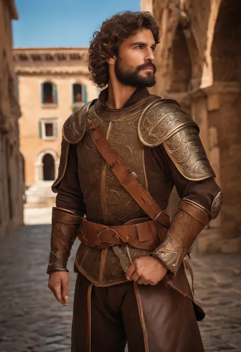 Italian man with beard, slight smirk, smirk, young, smile, curly hair, olive skin, tan skin, shoulder length hair, laminar leather armour, bright skies, brown hair, short beard, renaissance, renaissance armour, Venice, renaissance city, Italian city, Italy...