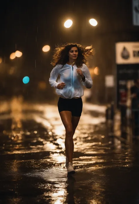 25-YEAR-OLD in white T-shirt running in the pouring rain at night, Al otro lado de la ciudad, iluminada por las luces de la ciudad y con todo su cuerpo mojado. feeling cold. Captura la intensidad de la lluvia que cae sobre la mujer mientras corre. Focus on...