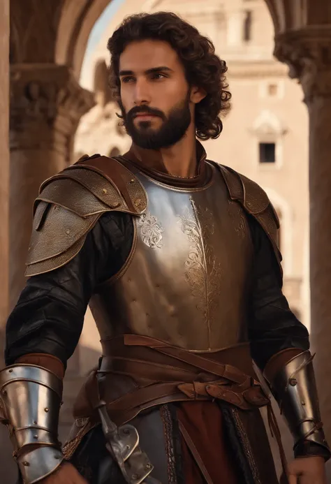 Italian man with beard, slight smirk, smirk, young, smile, curly hair, olive skin, tan skin, shoulder length hair, laminar leather armour, bright skies, brown hair, short beard, renaissance, renaissance armour, Venice, renaissance city, Italian city, Italy...