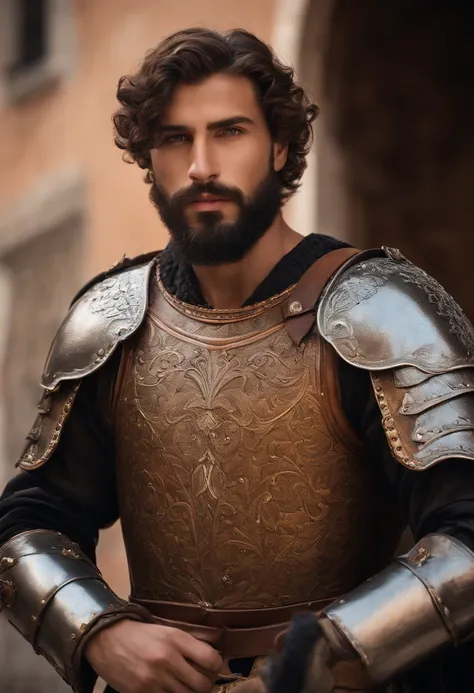 Italian man with beard, slight smirk, smirk, young, smile, curly hair, olive skin, tan skin, shoulder length hair, laminar leather armour, bright skies, brown hair, short beard, renaissance, renaissance armour, Venice, renaissance city, Italian city, Italy...