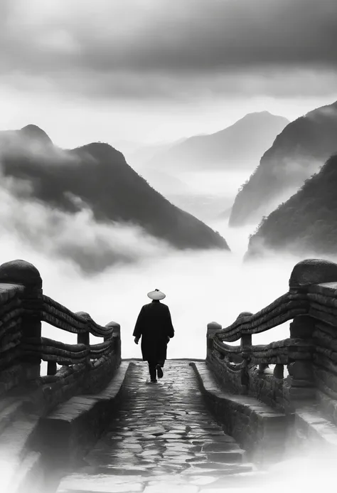 An old man carries a basket，morning glory，Walk on the stone bridge，The background is the mountain，There is water under the bridge，The clouds are ethereal，siluette，Traditional Chinese painting，Black and white gray，