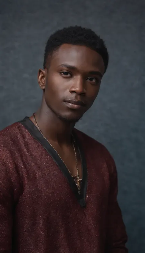 jeune homme noir africain, wearing modern clothes of singer of the good drip, Very realistic abstract studio photo background, fantaisique, Shot with a professional camera with moderate depth of field, corps complet