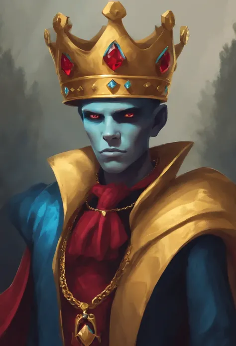 Simon character from adventure time, with a crown of gold and ruby, traje de una sola pieza de color azul, Psychopathic look