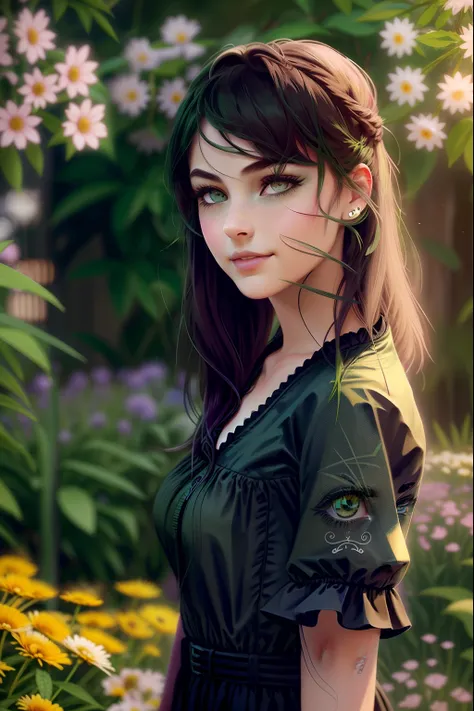 best quality, beautiful finely detailed eyes and detailed face, high quality, masterpiece, 1 girl, solo, front view, looking at viewer, flower garden, cowboy shot, short hair, flowing hair, (straightened side of hair: 1.4), (dark green hair: 1.5), eye shad...