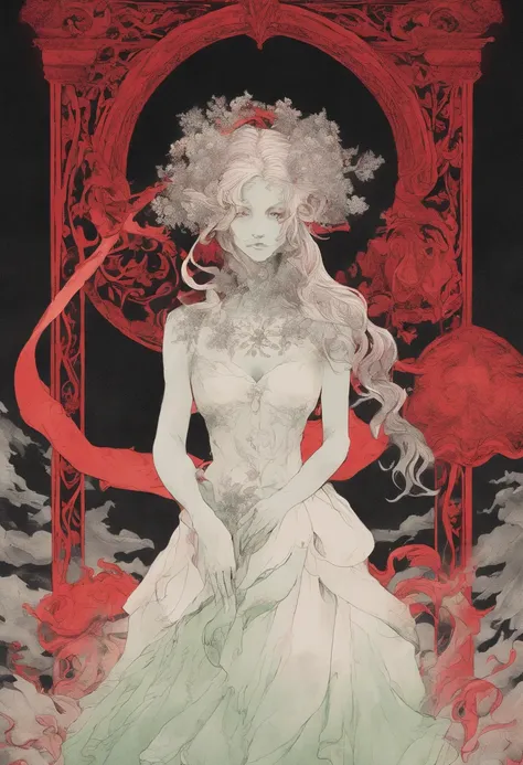 Faceless female cosmic entity with body made of White marble and wearing red dress surrounded by dark mist of green color and Halo of red light clock in the background+Concept Artwork Hugo Pratt+ MC Escher style fusion,Anime 80s aesthetic ,Ink drawing, tum...