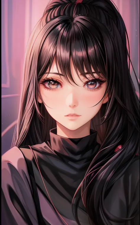 a cartoon girl with long hair and a black top, in an anime style, 🤤 girl portrait, she has black hair with bangs, semirealistic anime style, anime style portrait, in anime style, beautiful anime portrait, realistic anime artstyle, realistic anime art style...