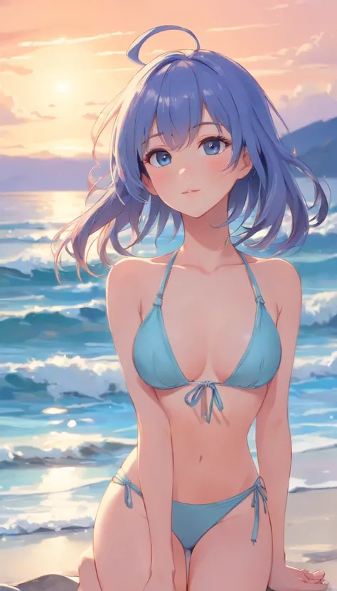 La plage，chercher，Cheveux longs et blancs，corps entier, Le bikini、looking at the camera、coucher de soleil、Lueur du soir. 1 jeune fille de 16 ans , Twintails, ornement de cheveux, hair over one eye, yeux bleus clair, super mignonne , cheveux bleus, cheveux ...