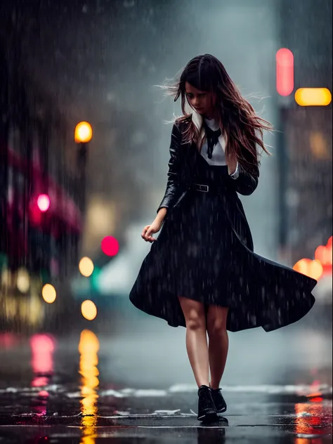 Close Up, Cinematic Still, Girl dancing in the rain with tears in her eyes, EmotionalCore, Strong Feelings, moody and dark atmosphere, motion blur, movement, moving camera.