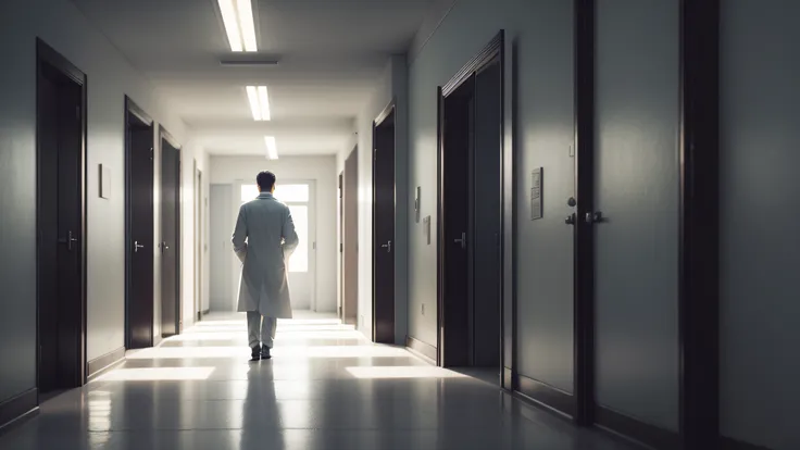 Extremely detailed, best quality, internal area of ​​a hospital, hospital corridor, dark, doctor entering a room in the distance, 8k, realistic, night, doctor in white coat, dark environment