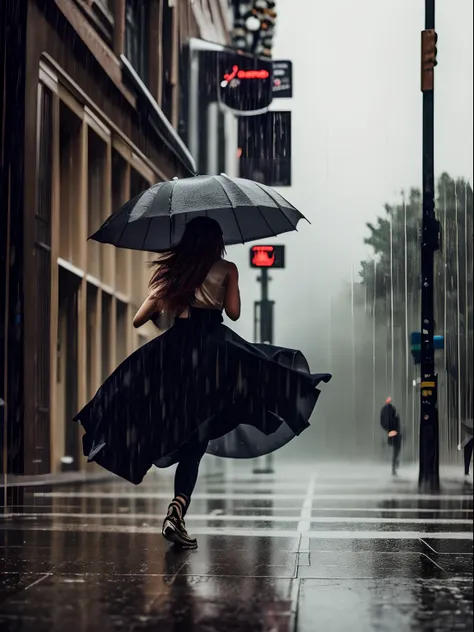 Close Up, Cinematic Still, Girl dancing in the rain, EmotionalCore, Strong Feelings, moody and dark atmosphere, motion blur, movement, moving camera.