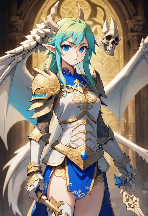 Bone-Dragon anime girl, armor made of bones, bone wings, fangs, glowing blue eyes, undead, long skeleton tail, masterpiece, best quality