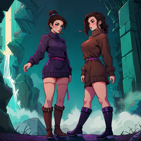 Sexy anime Latina, gamer, long dark brown hair, Sweater dress, purple, cyan, knee high boots