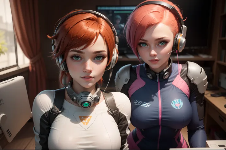 gwen tennyson,tracer,d.va,rebecca chambers,overwatch,gundam,1girl,close up,mecha pilot,spacecraft,orange and blue plugsuit,pilot jacket,hair pin,pirate corset,white long sleeve lycra top,white leggings,short hair,cute makeup,green eyes,orange and pink hair...