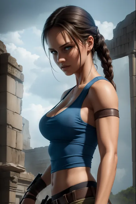 sexy lara croft tomb raider, blue tank top, mayan ruins background, torn clothes, good lighting, athletic and fit body, cleavage...