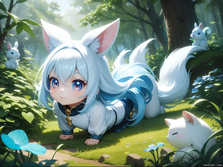 In the forest、There is a small white rabbit with long ears,  White long ears、Im with a pretty girl with long blue hair。It is a cute white and blue costume。Dark eyes。cute forest creature, Cute mushrooms also grow、Adorable Digital Painting, cute detailed dig...