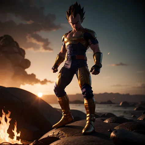 Vegeta from dragón Ball z::3, in planet of lava, photo realistic, 8k, octane render, hyperrealistc, detailed, focused, masterpiece, cinematic light