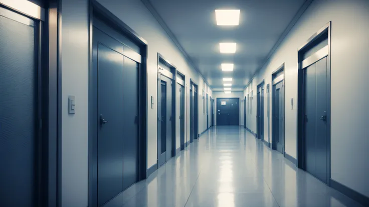 Extremely detailed, best quality, internal area of ​​a hospital, hospital corridor, gloomy, stretcher in the corridors, 8k, realistic, night, gloomy environment