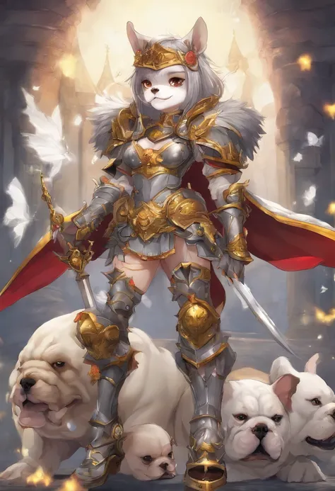 Bulldog anime girl, grey steel armor, grey roman-like helm with yellow crest, brown skin and hair, red collar with spikes, bulldog fangs, masterpiece, best quality