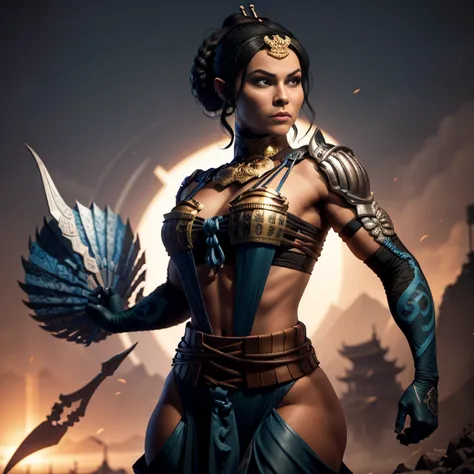 Kitana from Mortal Kombat posing in victory pose in her best outfit, (best quality, 4k, Altas, master part:1.2), ultra-detalhado, Realistic:1.37, Rosto e corpo detalhados, flowing hair, confident expression, cores vibrantes, guerreiro de artes marciais, ol...