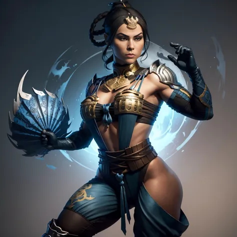 Kitana from Mortal Kombat posing in victory pose in her best outfit, (best quality, 4k, Altas, master part:1.2), ultra-detalhado, Realistic:1.37, Rosto e corpo detalhados, flowing hair, confident expression, cores vibrantes, guerreiro de artes marciais, ol...