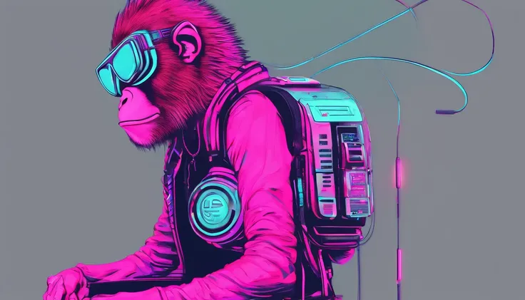 Uma figura de macaco dj futurista, com luzes nos olhos, Cercado pelo design de camiseta Vector VibraPrint Ready, Cyberpunk monkey illustration, side view, etiqueta, vetor profissional, design de camisetas, grafity, vibrante nt futurista paisagem urbana.