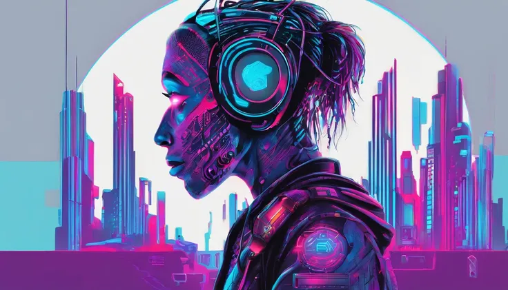 Uma figura de macaco dj futurista, com luzes nos olhos, Cercado pelo design de camiseta Vector VibraPrint Ready, Cyberpunk monkey illustration, side view, etiqueta, vetor profissional, design de camisetas, grafity, vibrante nt futurista paisagem urbana.