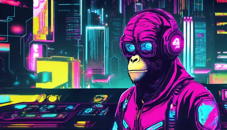 Uma figura de macaco dj futurista, com luzes nos olhos, Cercado pelo design de camiseta Vector VibraPrint Ready, Cyberpunk monkey illustration, side view, vetor profissional, design de camisetas, grafity, vibrante nt futurista paisagem urbana.