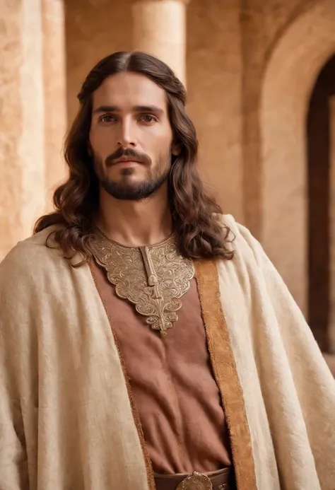 Jesus de cabelos castanhos e brancos, A light beard and a whole body dressed as a warrior standing in the palaces of Andalusia ,Mosaico marroquino,Zellige marroquino,The whole body looks at the camera holding a cross