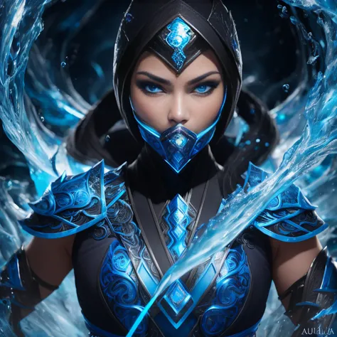 1girl, portrait of female cute mksubzero battle with group of ninja, glowing blue eyes, ice, blue, cold, energy, aura, swirl water, ornate, detail,