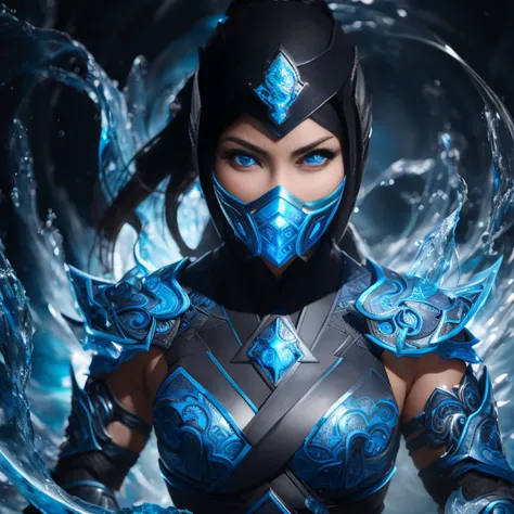 1girl, portrait of female cute mksubzero battle with group of ninja, glowing blue eyes, ice, blue, cold, energy, aura, swirl water, ornate, detail,