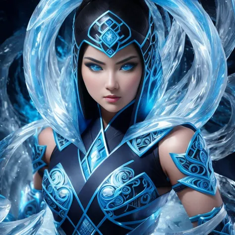 1girl, portrait of female cute mksubzero battle with group of ninja, glowing blue eyes, ice, blue, cold, energy, aura, swirl water, ornate, detail,