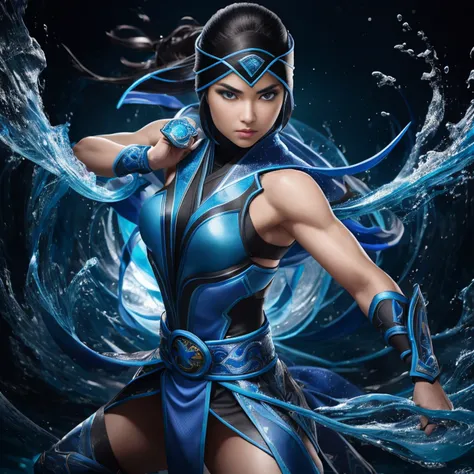 1girl, corpo inteiro e super detalhado, pose de batalha mksubzero bonito feminino com grupo de ninjas, olhos azuis brilhantes, gelo, azul, frio, energia, aura, Spinning water, ornamentado, detalhe,