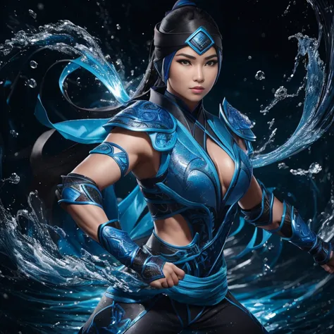 1girl, corpo inteiro e super detalhado, pose de batalha mksubzero bonito feminino com grupo de ninjas, olhos azuis brilhantes, gelo, azul, frio, energia, aura, Spinning water, ornamentado, detalhe,