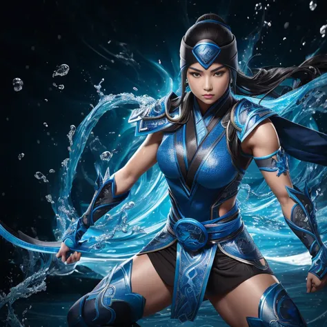 1girl, corpo inteiro e super detalhado, pose de batalha mksubzero bonito feminino com grupo de ninjas, olhos azuis brilhantes, gelo, azul, frio, energia, aura, Spinning water, ornamentado, detalhe,