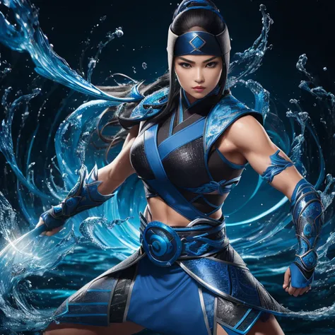 1girl, corpo inteiro e super detalhado, pose de batalha mksubzero bonito feminino com grupo de ninjas, olhos azuis brilhantes, gelo, azul, frio, energia, aura, Spinning water, ornamentado, detalhe,