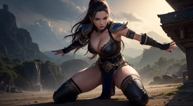 Sonia Blade from Mortal Kombat posing in a victory pose in her best outfit, (melhor qualidade, 4k, Altas, master part:1.2), ultra-detalhado, Realistic:1.37, Rosto e corpo detalhados, flowing hair, confident expression, cores vibrantes, guerreiro de artes m...