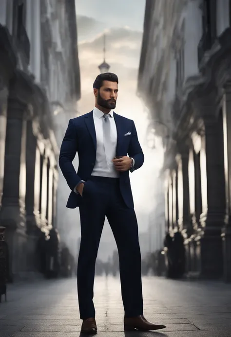 (Professional Man in Stylish Clothes), (Pas de barbe,) (yeux bleus) (portrait) Beautiful and serious appearance, dark blue hair, Elegant and elegant, and strong body very formal white shirt, (Realistic and high-quality image), ((Best quality, 8k, master pi...