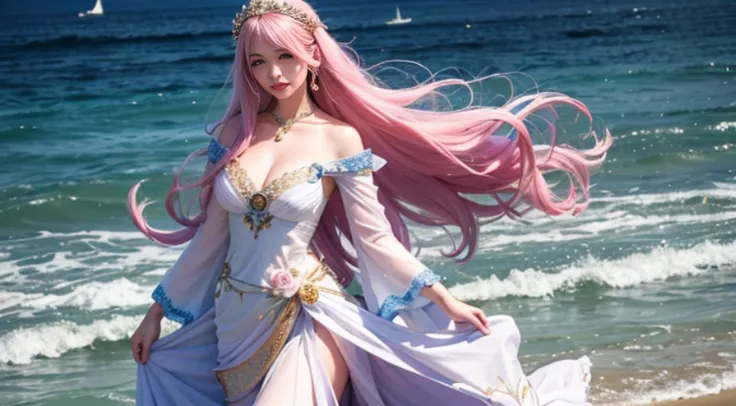 The little lady with long pink hair is on the scene in the world of the sea，It gives a sense of vitality and femininity。Her long hair was as soft as silk，Delicadamente coberta sobre os ombros，Dancing gently with the wind。Cada fio de cabelo exala um leve br...