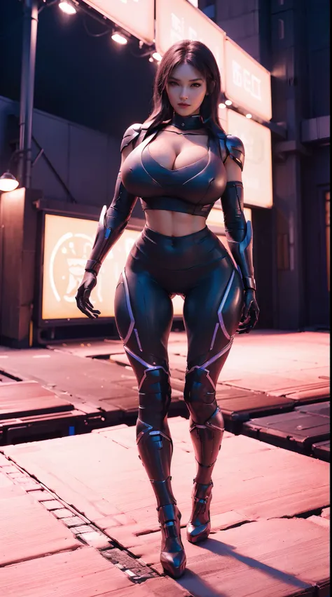 A MATURE WOMAN, HUGE FAKE BOOBS, (BEAUTIFUL FACE), (RGB), (FUTURISTIC MECHA BRA), (CLEAVAGE), (SKINTIGHT YOGA PANTS), (HIGH HEELS), (PERFECT BODY:1.2), (LONG LEG), (FULL BODY:1.3), FRONT, (STANDING:1), SEXY BODY, EXPOSE MUSCLE ABS, UHD, 8K, 1080P.