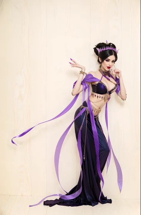 Enchanting witch succubus，broad chest, Slim waist，heavy  makeups，Extra-long nails，Wearing a belly dancing bikini，Enchanting and seductive，The expression is vicious，There are purple streamers on the body，Eat men