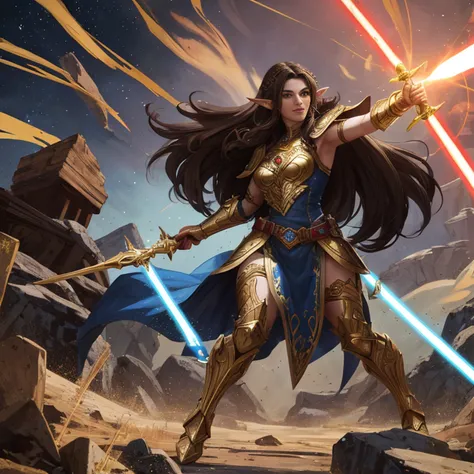 full body portrait of A beautiful warcraft elf woman, hero pose, dark brown hair, wearing gold blue white armor, floating red blue white lightsabers,  charging through battlefield