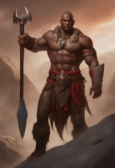 a close up of a goliath barbarian, greataxe, bule skin colour, young goliath , with red tattoos and scars on the body, male goliath portrait, covered in red tattoos, fit young male , concept art of god, muscular , young god, barbarian male fantasy, detaile...