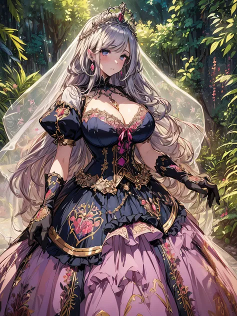 ((anime artstyle)),(Masterpiece),(Best Quality), (Super Detail),((Very Delicate and Beautiful)),cinematic lighting,1 girl,((full body portrait)),((standing in garden)),((solo)),(((1 fairytale princess in gorgeous embroidery and jeweled extremely gorgeous p...